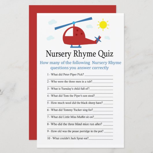 Speelgoed helikopter Nursery Rhyme Quiz baby showe (Voorkant / Achterkant)