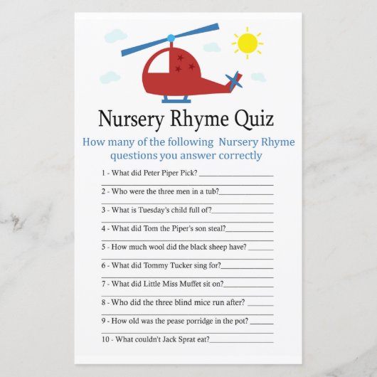 Speelgoed helikopter Nursery Rhyme Quiz baby showe (Voorkant)