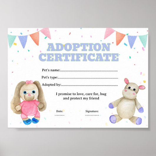 Speelgoed huisdier adoptie certificaat poster (Voorkant)