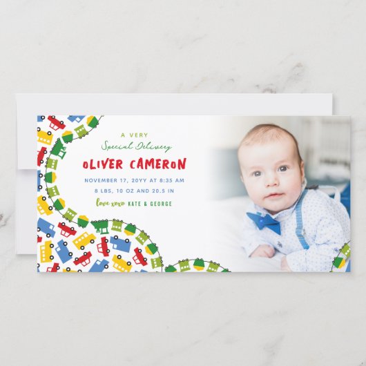 Speelgoed Kleurengoed Transport Baby Boy Foto gebo Aankondiging (Voorkant)