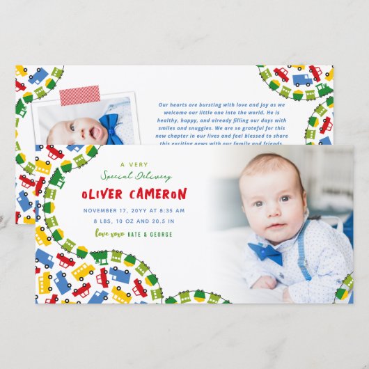 Speelgoed Kleurengoed Transport Baby Boy Foto gebo Aankondiging (Voorkant / Achterkant)