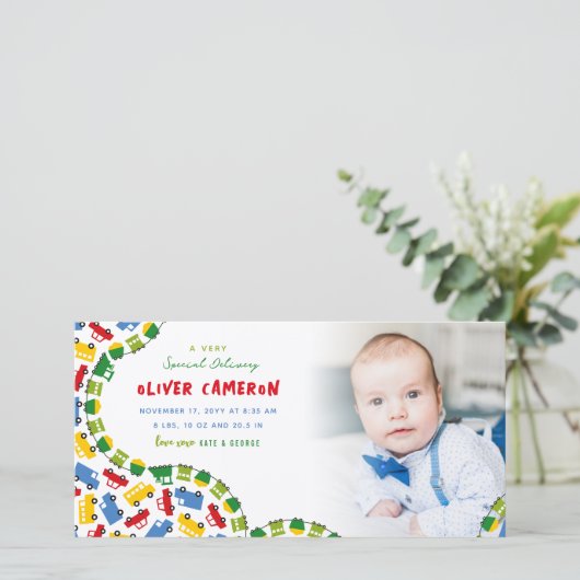 Speelgoed Kleurengoed Transport Baby Boy Foto gebo Aankondiging (Staand voorkant)