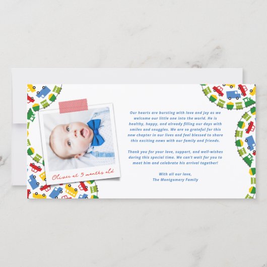 Speelgoed Kleurengoed Transport Baby Boy Foto gebo Aankondiging (Achterkant)