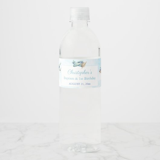 Speelgoed Plane White Clouds Boy Baptism Birthday  Waterfles Etiket (Voorkant)