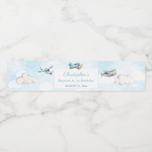 Speelgoed Plane White Clouds Boy Baptism Birthday  Waterfles Etiket (Enkel label)