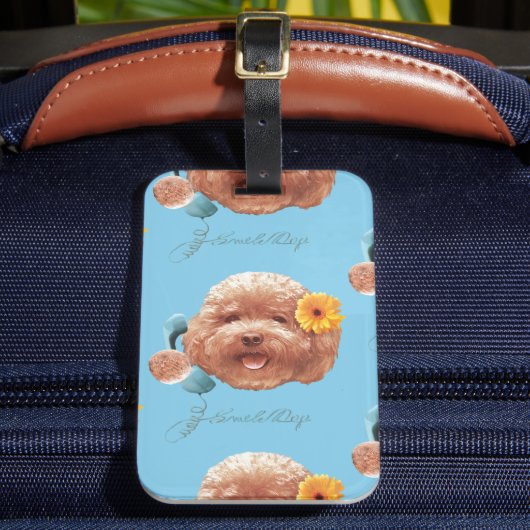 Speelgoed Poodle met bloem en telefoon illustratie Bagagelabel (Voorkant Insitu 2)