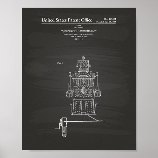  Speelgoed Robot 1955 Patent Art Chalkboard Poster (Voorkant)