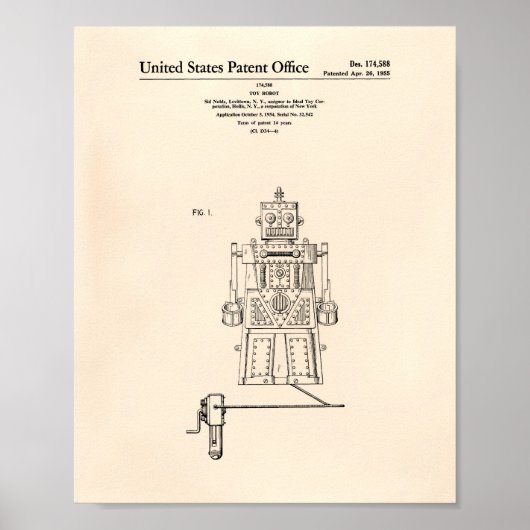 Speelgoed Robot 1955 Patent Art Old Peper Poster (Voorkant)
