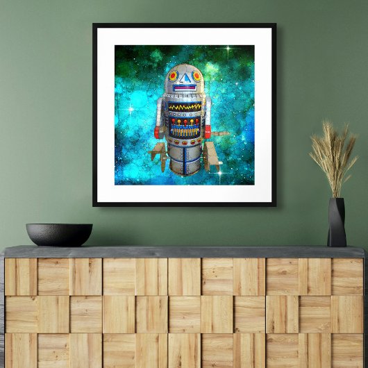 speelgoed robot in blauw melkwegstelsel schattige poster