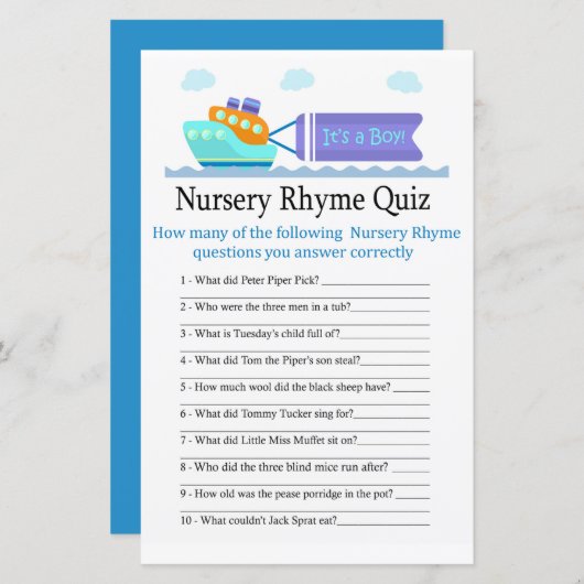 Speelgoed Ship Nursery Rhyme Quiz baby shower game (Voorkant / Achterkant)