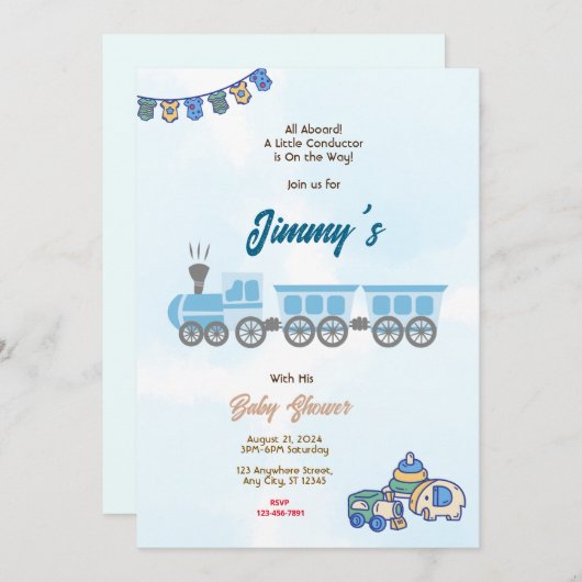 Speelgoed Train Baby shower Kaart (Voorkant / Achterkant)