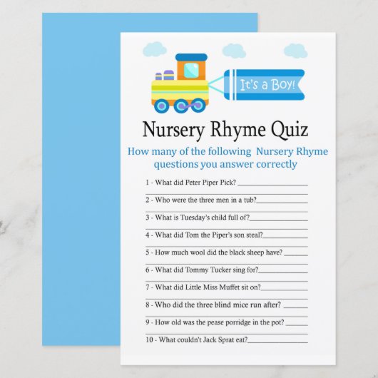 Speelgoed Train Nursery Rhyme Quiz baby shower gam (Voorkant / Achterkant)