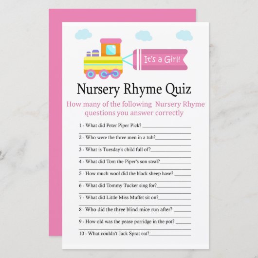 Speelgoed Train Nursery Rhyme Quiz baby shower gam (Voorkant / Achterkant)