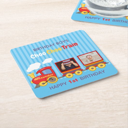 Speelgoed Train Peuter Jongen Verjaardag Blauw Kartonnen Onderzetters (Schuin)