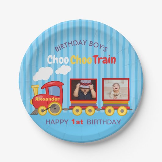 Speelgoed Train Peuter Jongen Verjaardag Blauw Papieren Bordje (Voorkant)