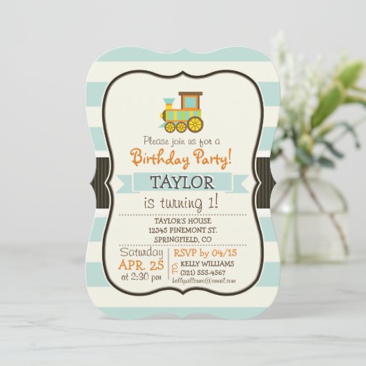 Speelgoed trein; bruin, Oranje, geel, Blauwgroen,  Kaart (Staand voorkant)