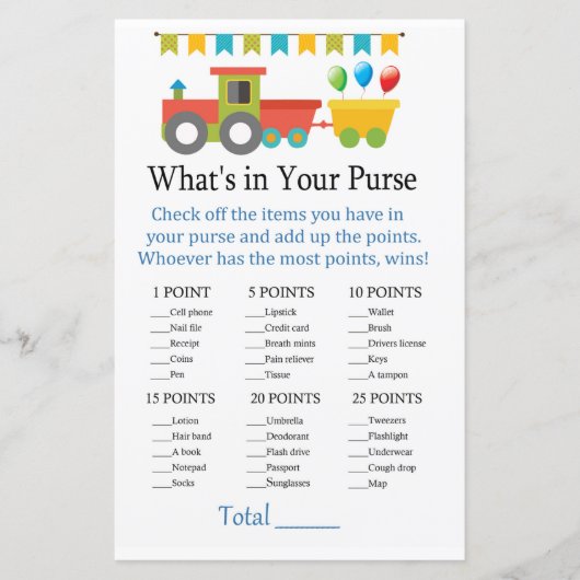 Speelgoed trein Wat zit er in je handtas? (Voorkant)