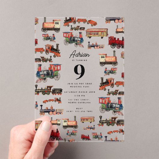  Speelgoed treinen met kleurrijke treinen op zater Acryl Uitnodigingen (Insitu (Draagbaar))