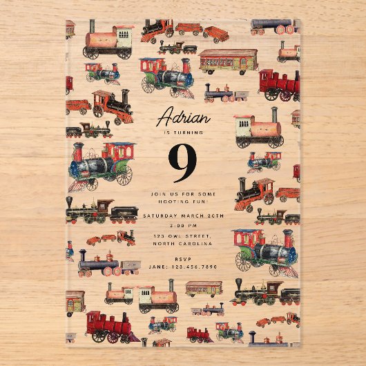  Speelgoed treinen met kleurrijke treinen op zater Acryl Uitnodigingen (Voorkant)