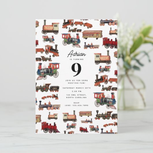  Speelgoed treinen met kleurrijke treinen op zater Kaart (Staand voorkant)