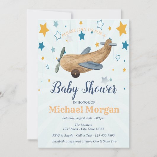 Speelgoed van het vliegtuig, sterren Baby shower Kaart (Voorkant)