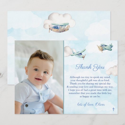 Speelgoed Vliegtuig in Blue Sky Clouds Doop Verjaa Bedankkaart (Voorkant / Achterkant)