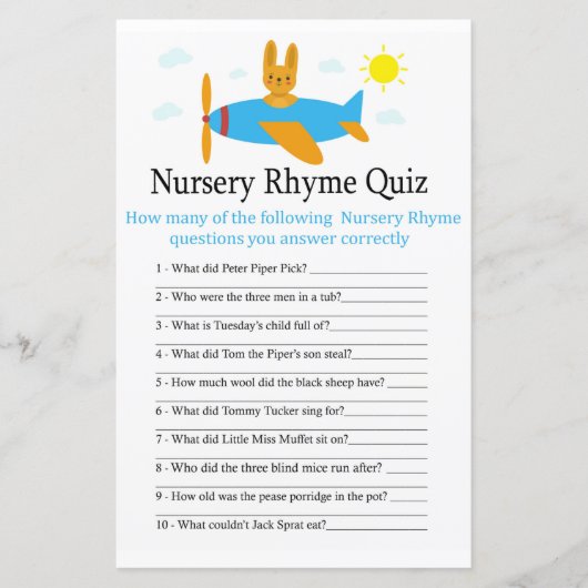Speelgoed vliegtuig Nursery Rhyme Quiz baby shower (Voorkant)