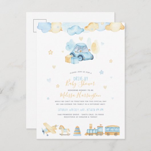 Speelgoed voor handgeschilde babyjongen, drive-by  uitnodiging briefkaart (Voorkant / Achterkant)
