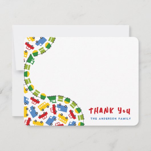 Speelgoed voor jongen: kleurrijke auto bus en trai bedankkaart (Voorkant)