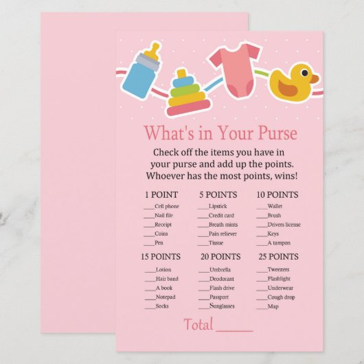 Speelgoed voor roos Baby Wat zit er in je handtas? (Voorkant / Achterkant)