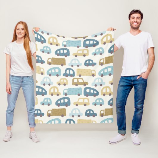 Speelgoedauto's & vrachtwagens | Stofblauw Beige Fleece Deken (In situ)