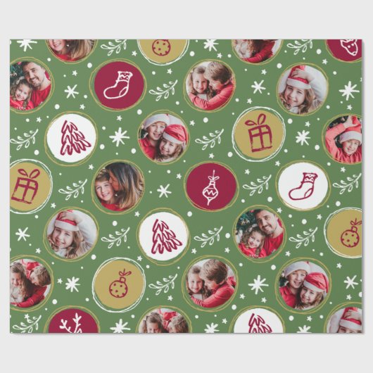 Speelgoedfamilie Foto met kerstgroen collage Cadeaupapier (Vlak)