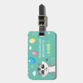 Speelrijke grappige wasbeer met ballonnen bagagelabel (Voorkant verticaal)