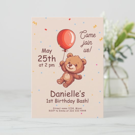 Speels Beer 1e bday, Red Balloon eerste verjaardag Kaart (Staand voorkant)