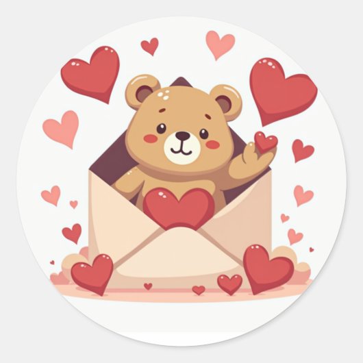 Speels Beer uit envelop met harten Ronde Sticker (Voorkant)