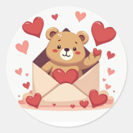 Speels Beer uit envelop met harten Ronde Sticker