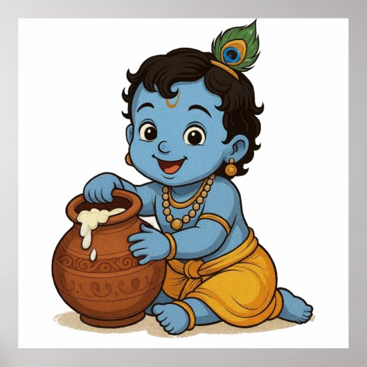 Speels Blauw Geel Baby Krishna Art Design Poster (Voorkant)