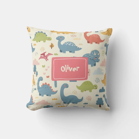 Speels dinosauruspatroon gepersonaliseerd kussen (Voorkant)