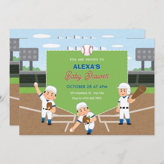 Speels honkbal baby shower kaart (Voorkant / Achterkant)