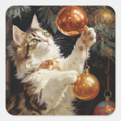 Speels Kerst Kat Vierkante Sticker (Voorkant)