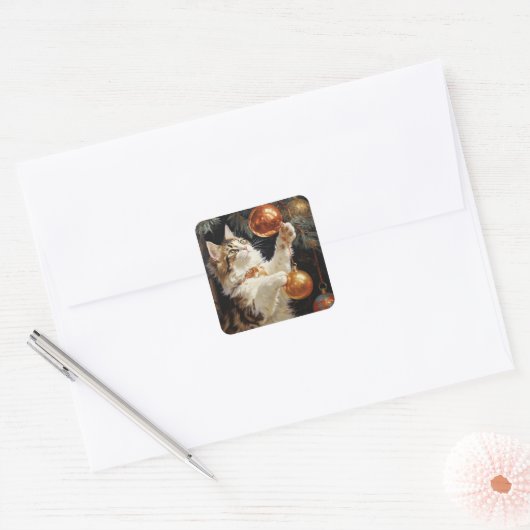 Speels Kerst Kat Vierkante Sticker (Envelop)