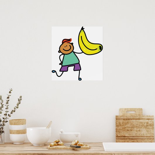Speels Kind met grote gele banaan Poster (Keuken)