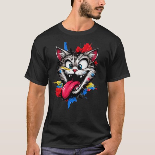 Speels Kleurrijk Kattengezicht T-Shirt (Voorkant)