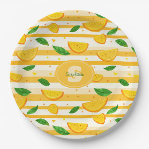 Speels Oranje snijpatroon met groene bladeren Papieren Bordje