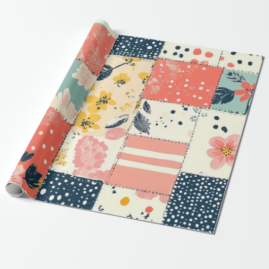 Speels pastelbloem patchwork patroon cadeaupapier (Uitgerold)