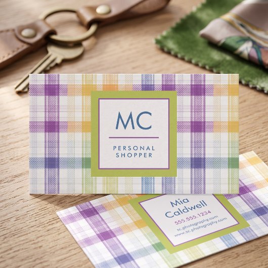 Speels Plaid Monogram Ontwerp Visitekaartje