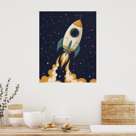 Speels raketschip - Celestial Nursery Poster (Keuken)