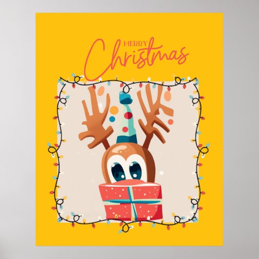 Speels rendier met cadeau poster (Voorkant)