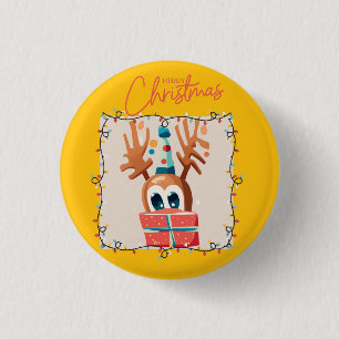 Speels rendier met cadeau ronde button 3,2 cm