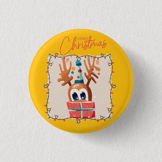 Speels rendier met cadeau ronde button 3,2 cm (Voorkant)